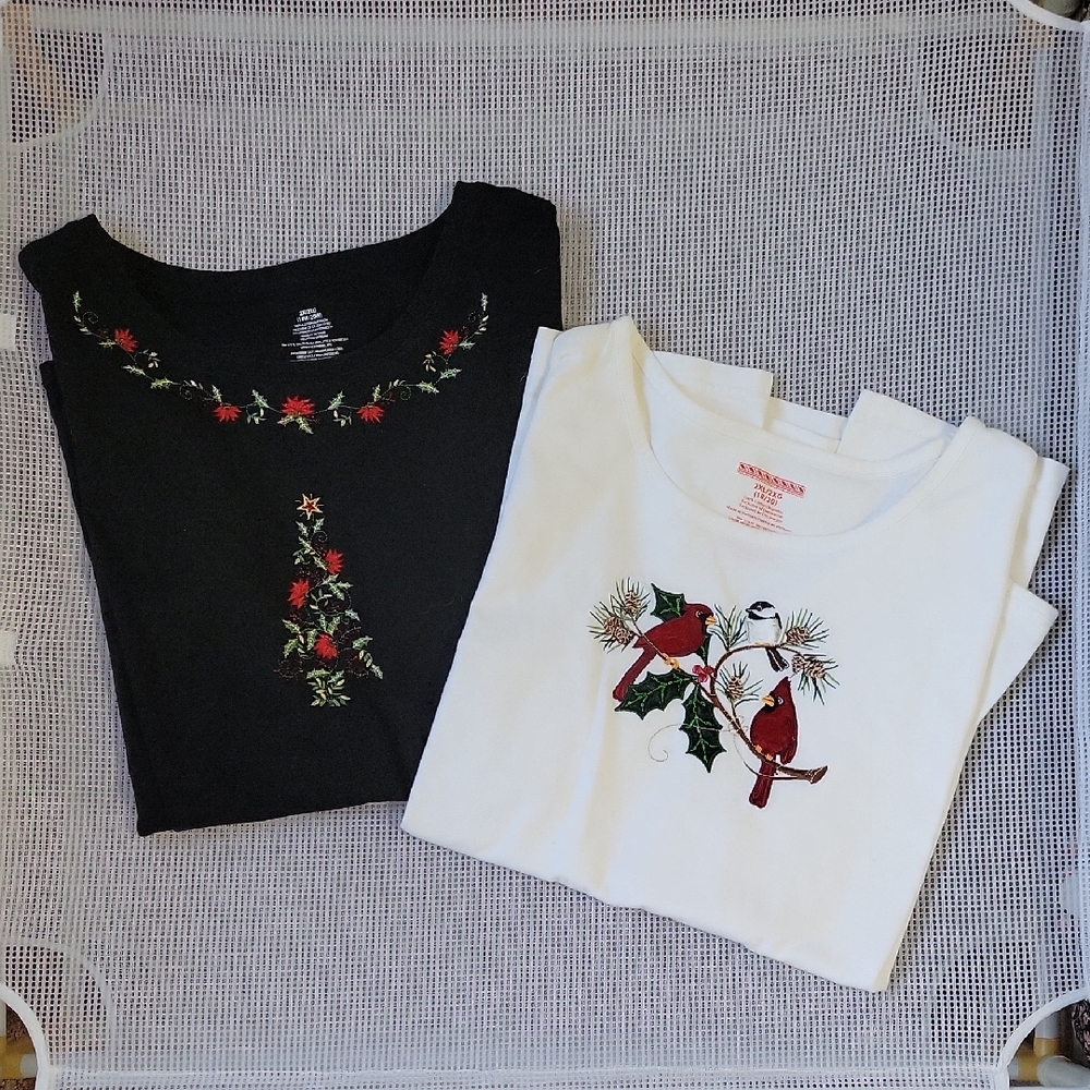 Holiday Embroidered Tee Pair - Black & White Floral/Cardinal Motifs